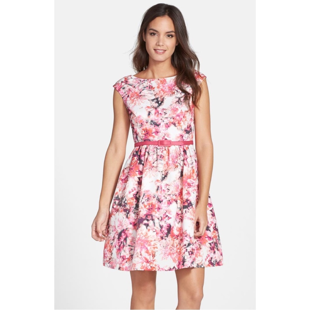 Eliza J Belted Print Faille Fit & Flare Dress